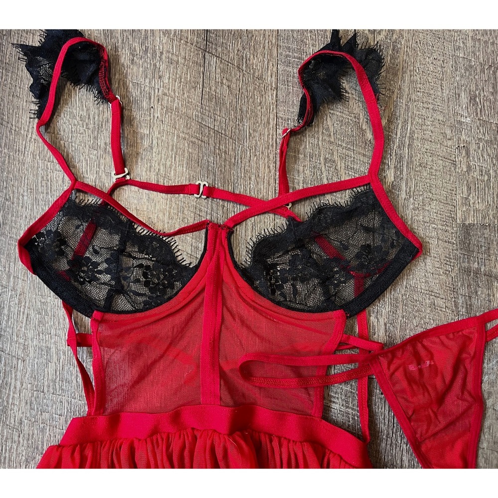 Red and black strappy 2 pc lingerie teddy mesh lace babydoll sexy size S/M - Picture 2 of 7